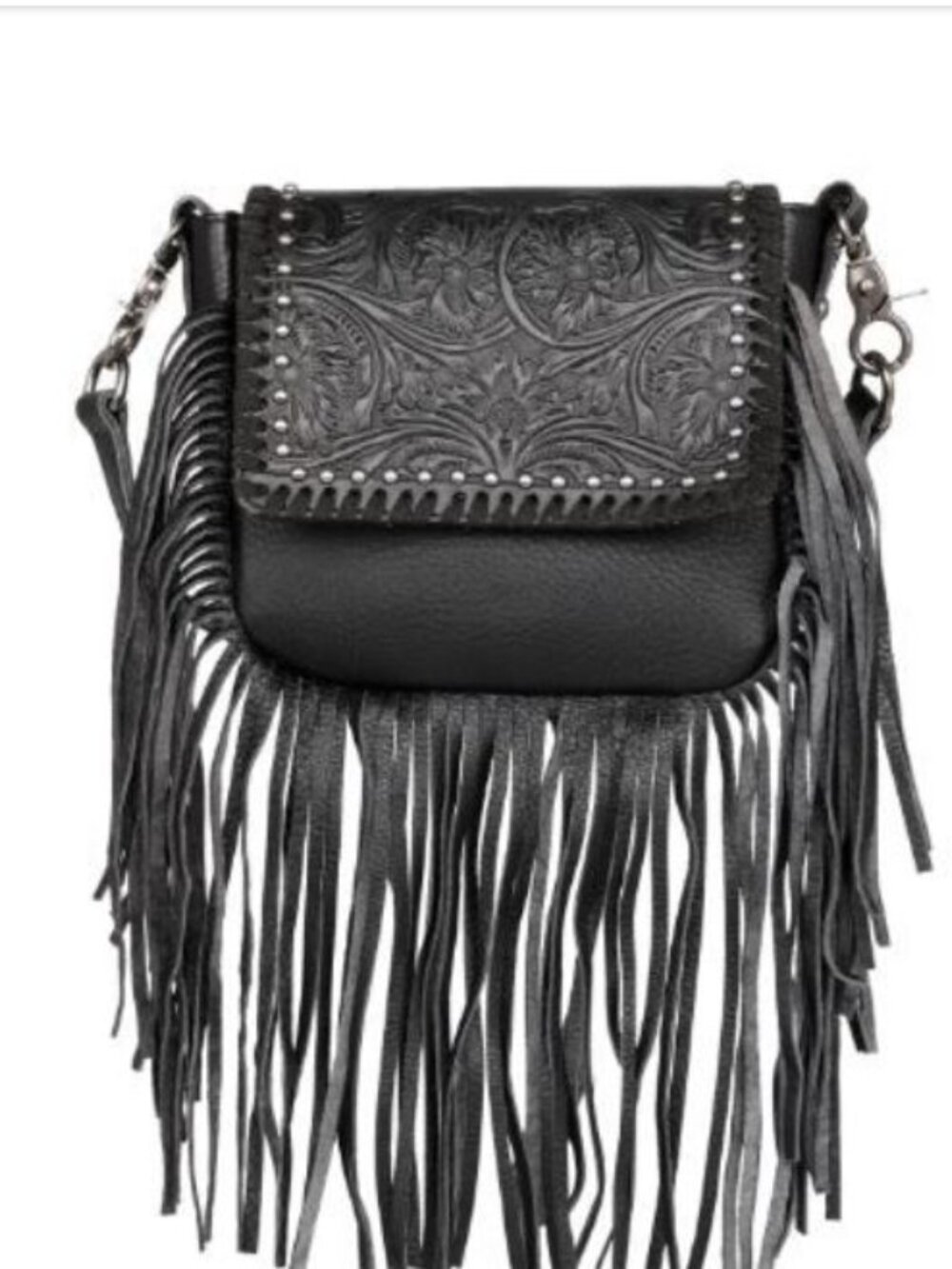 Black Embossed Fringe Crossbody Bag - Women's Handbag